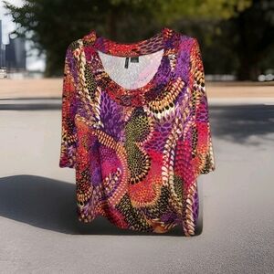 New Directions Feather Animal Print 3/4 Sleeve Pre-owned 3X Multicolored Festive